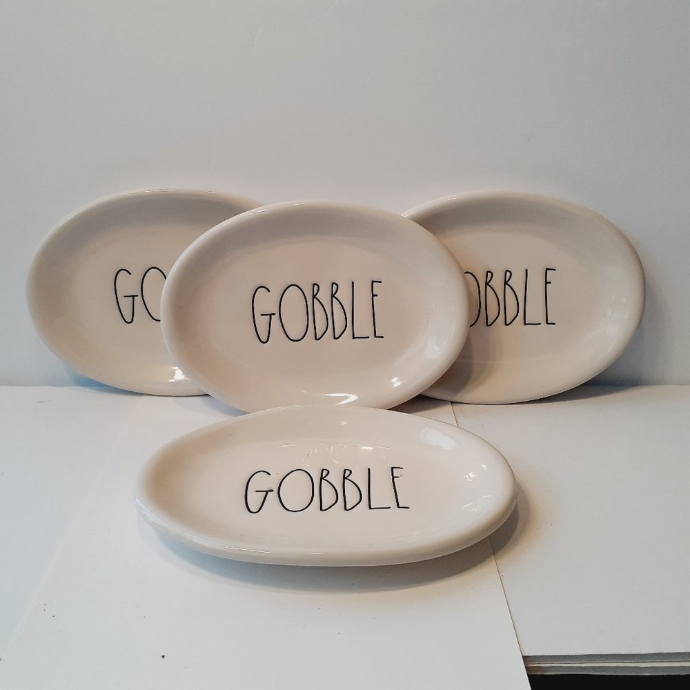 Set of 4 Rae Dunn Thanksgiving "GOBBLE" Farmhouse Side Dish Appetizer 8” Plates